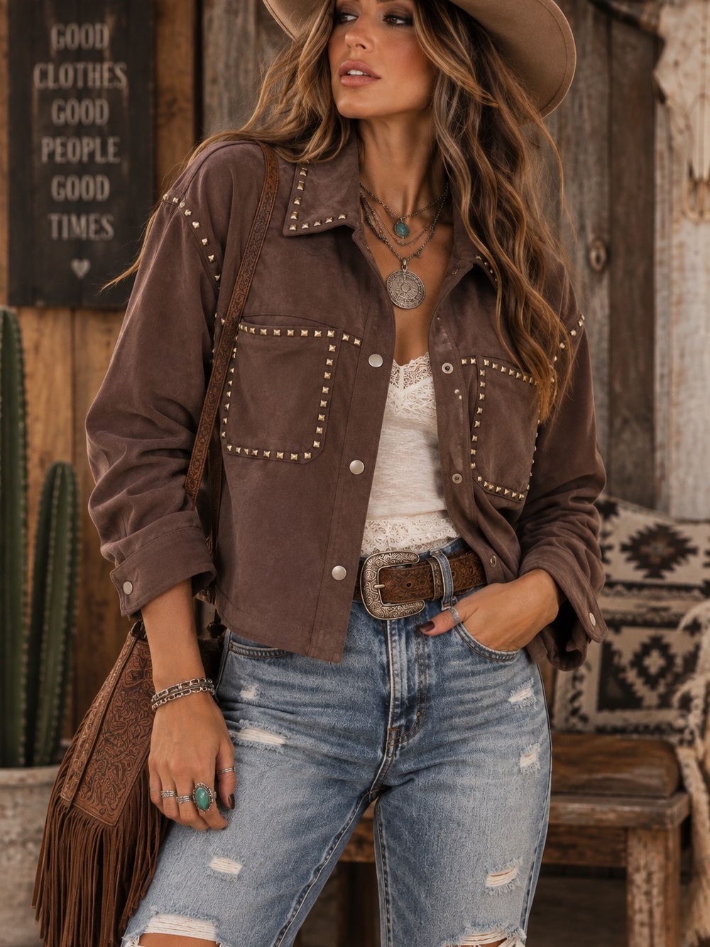 Vigoss Brown Studded Faux Suede Shacket Jacket Western Boho Women’s Small